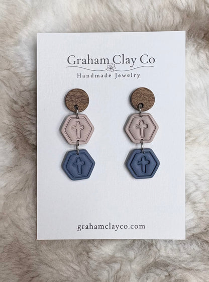 Mini Cross Hexagon Stack Dangle Earrings