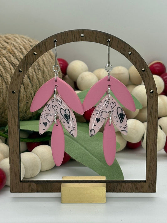 Pink Valentine's Day Three Tier Leaf Drop Earrings