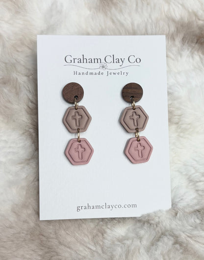 Mini Cross Hexagon Stack Dangle Earrings