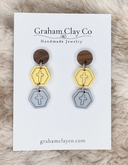 Mini Cross Hexagon Stack Dangle Earrings