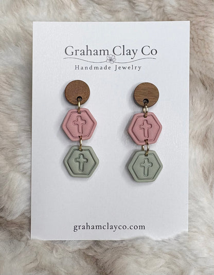 Mini Cross Hexagon Stack Dangle Earrings