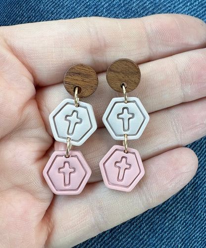 Mini Cross Hexagon Stack Dangle Earrings